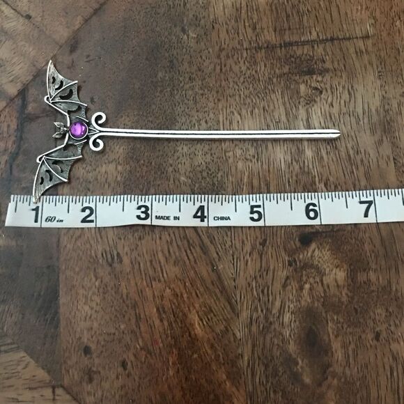 Gothic Bat Hair Accessory, Purple Stone accent, Antique silver tone, Moo… - Picture 5 of 5